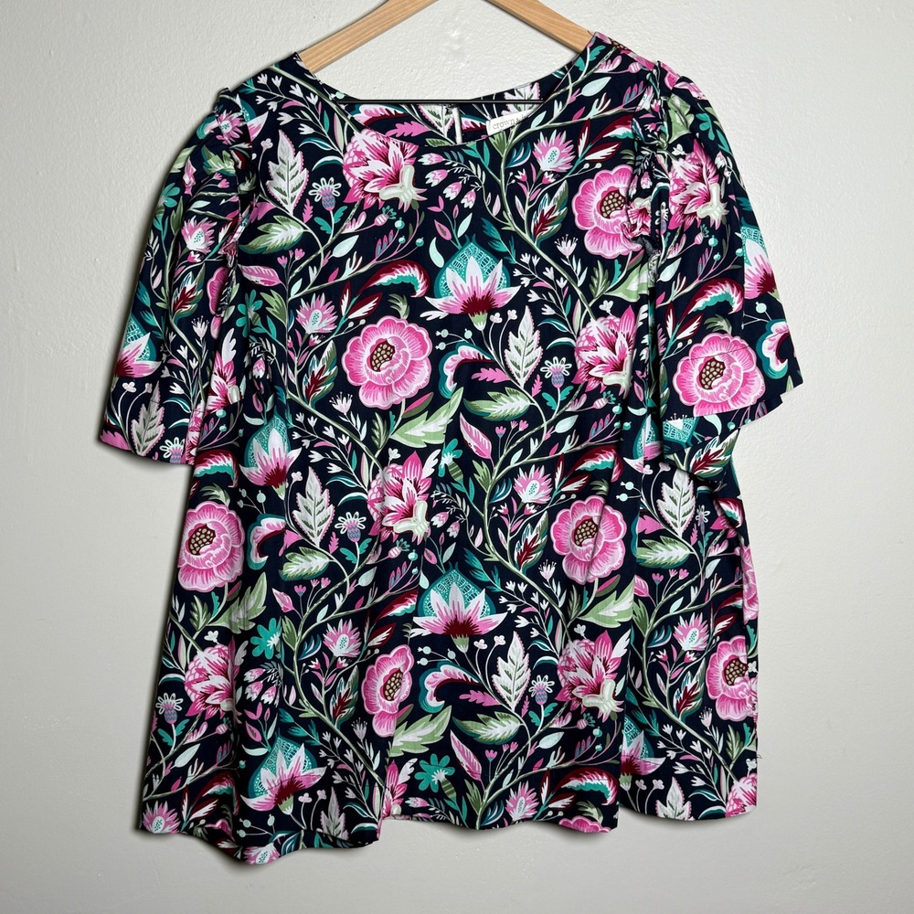 Crown & Ivy Womens Blouse XXL Blue Pink Floral‎ Cotton Ruffle Peasant Bright